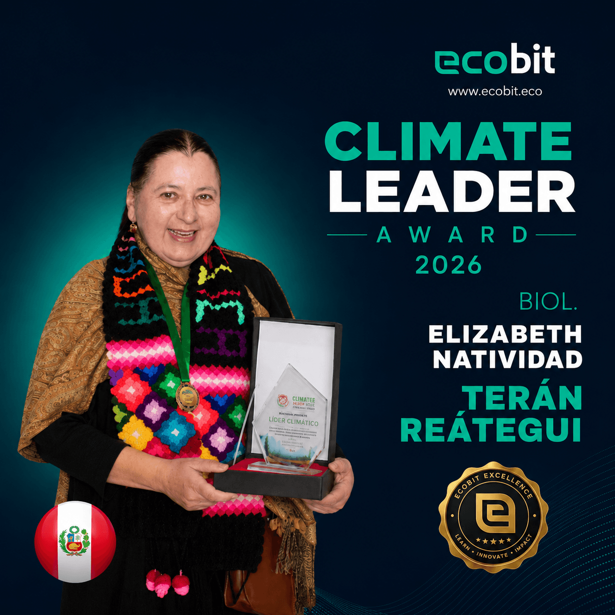 Placa del Climate Leader Award entregada a Elizabeth Natividad Terán Reátegui.
